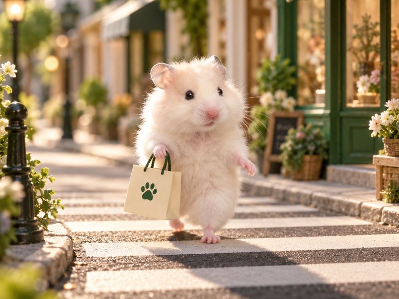 Guga out for a stroll with a tiny shopping bag
