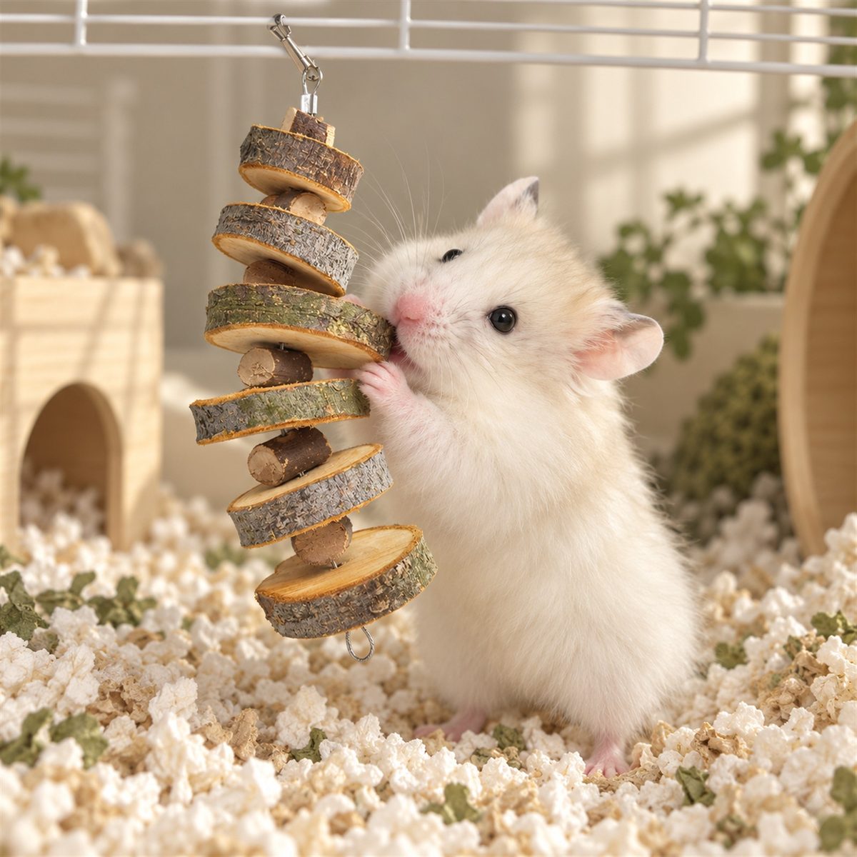 Illustrative image of Apple Wood Chew Skewer with our hamster Guga beside it