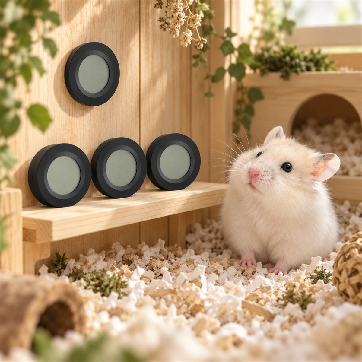 Illustrative image of Mini Thermometer & Hygrometer, 4-Pack with our hamster Guga beside it